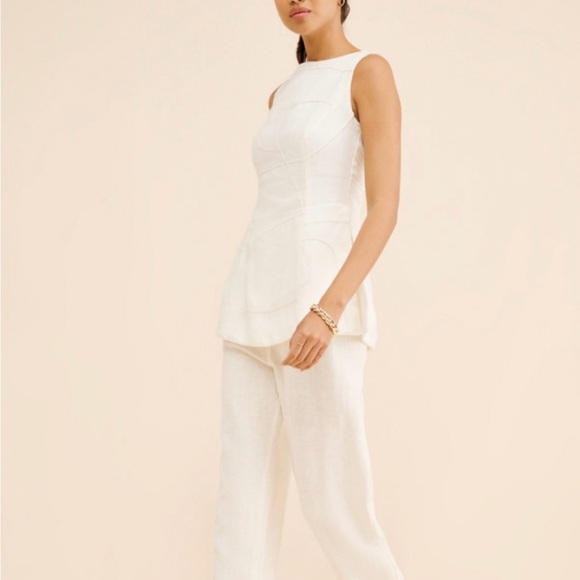 Chic cream color Sleeveless linen zip closure side slit embellished top sz L - Picture 2 of 8